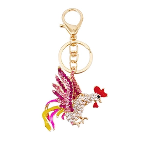 Sparkly crystal rooster keychain with pink rhinestones and colorful enamel detailing