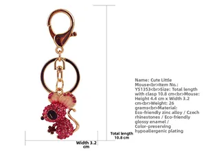 Detailed specs of rose gold mouse keychain with pink rhinestones and dimensions
