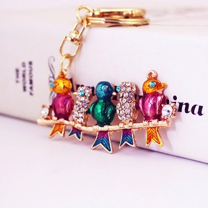 Happy Bird Zinc Alloy Rhinestone Keychain Colorful Five Birds On Branch Enamel Bag Charm Jewelry For Women Gift Accessory