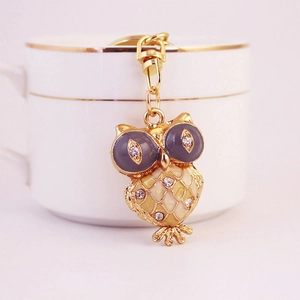 Cute rhinestone owl keychain with golden metal frame and yellow enamel for bag charm