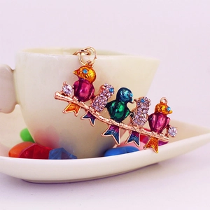 Creative bird on branch keychain with colorful rhinestones and gold alloy finish