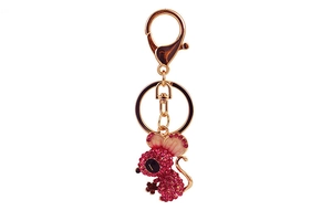 Detailed view of pink crystal mouse keychain with gold alloy base and lobster clasp