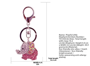 Detailed size chart for pink crystal elephant keychain with dimensions and weight info