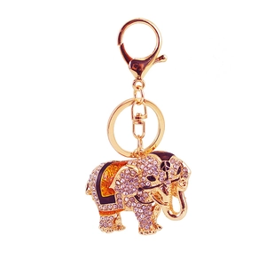 Golden elephant keychain with purple rhinestones and colorful enamel tropical patterns