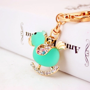 Sparkling crystal rocking horse mint duck keychain with golden alloy and rhinestones