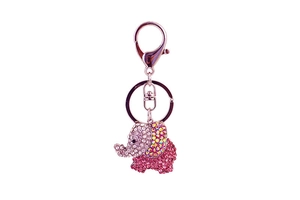 Close-up of pink crystal encrusted elephant keychain with silver lobster clasp and ring