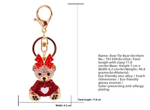 Detailed size specifications for the pink rhinestone bear keychain in zinc alloy