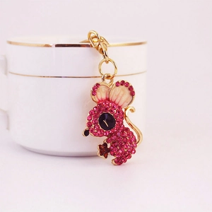 Cute pink crystal mouse keychain with sparkling rhinestones and golden alloy link