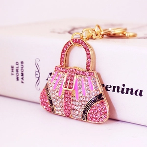 Exquisite handbag keychain with pink crystals and gold-plated alloy for women bag charms
