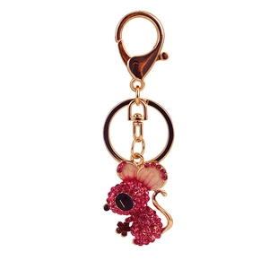 Pink rhinestone encrusted mouse animal keychain with gold-plated lobster clasp and ring