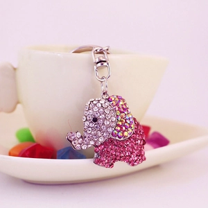 Pink crystal elephant keychain accessory with sparkling rhinestones and silver metal hook