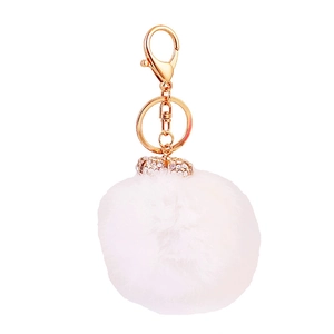 Portachiavi con soffice pompon bianco, corona di strass e chiusura in oro lucido