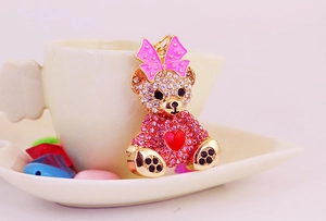 Detailed close-up of sparkling rhinestone bear keychain featuring pink bow and heart