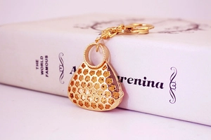 Detail of a golden miniature handbag keychain with intricate hollow floral patterns