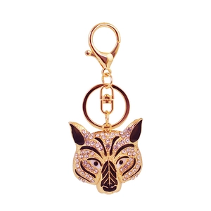 Sparkling rhinestone leopard head keychain accessory with gold finish and lobster clasp