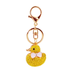 Funkelnder gelber Strass-Enten-Schlüsselanhänger mit rosa Schleife und Goldbeschichtung