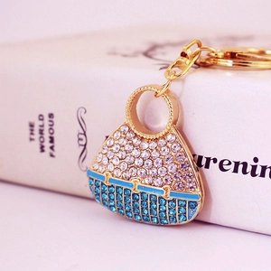 Blue and white crystal handbag keychain charm with gold alloy plating and lobster clasp