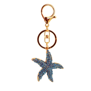 Porte-clés étoile de mer en cristal avec strass bleus et anneau doré pour sacs à main