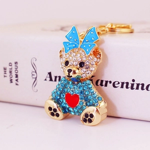 Sparkling blue rhinestone bear keychain with red heart and gold ring for women gift