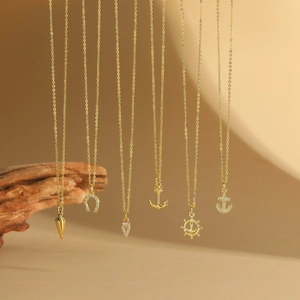 Gold Plated Copper Zirconia Anchor Rudder Horseshoe Pendant Necklace For Women Vintage Niche Design Dainty Clavicle Chain Jewelry Gift