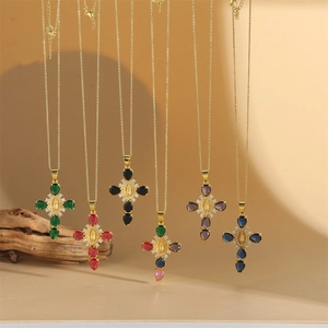 Vintage Gold Plated Copper Zirconia Virgin Mary Cross Pendant Necklace Religious Clavicle Chain Jewelry For Women Gift