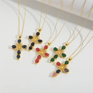 Vintage gold cross necklaces with colorful zircon stones and Mary medal pendants