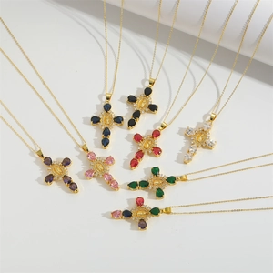 Fashionable cross pendant necklace set with colorful zircon and Virgin Mary relief