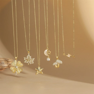 14K Gold Plated Copper Pendant Necklace For Women Micro Inlaid Zircon Shell Clover Maple Leaf Star Moon Mushroom Jewelry