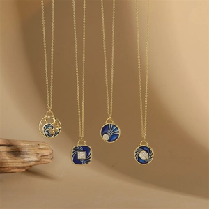 Vintage Kupfer Königsblau Emaille Anhänger Halskette Gold Überzogener Sternenhimmel Stern Mond Strass Geometrischer Choker Damen Schmuck
