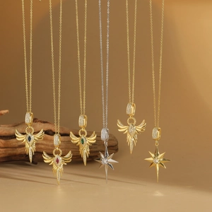 Collana con Pendente ad Ala di Fenice in Rame Vintage con Zirconia Ali d'Angelo Sacre Stella Polare Girocollo da Donna Gioielli
