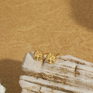 Polished golden tree of life stud earrings in a minimalist round hollow design