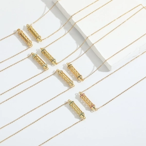 Elegant gold-plated hollow cylinder pendant necklace with colorful gemstones for women