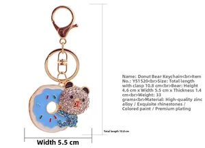 Detailed size specifications for the rhinestone donut bear keychain with gold hardware