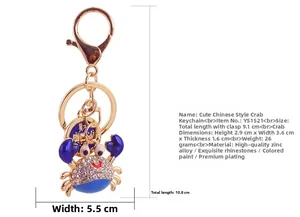 Detailed size measurement of a blue crab keychain with rhinestones and lobster clasp