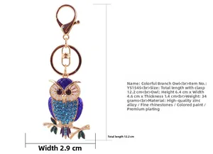 Detailansicht der Eule-Schlüsselanhänger mit Strass, Maße 12,2 cm und Zinklegierung