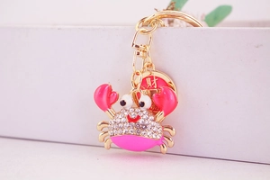Detailed macro view of the sparkling rhinestone crab keychain with pink enamel accents
