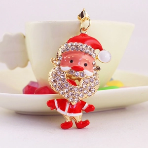 Sparkly rhinestone Santa Claus keychain with red enamel and gold finish for gift