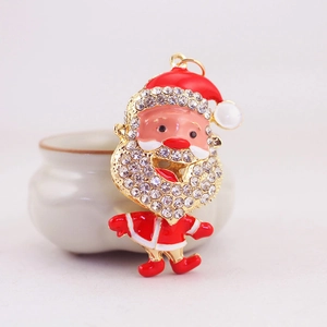 Sparkling rhinestone Santa Claus keychain pendant with gold plating and red enamel finish