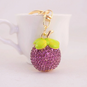 Joli porte-clés fruit mangoustan violet avec strass et anneau doré brillant