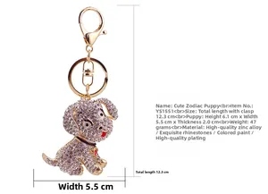 Detailed size specifications for the rhinestone dog keychain showing 12.3cm total length