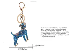 Detailed dimensions of blue rhinestone dog keychain made of zinc alloy with crystals
