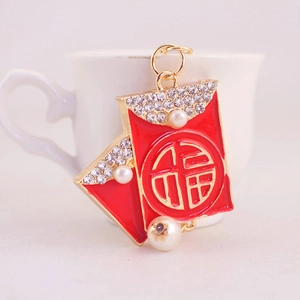 Elegant Chinese style red Fu lucky envelope keychain with pearls and rhinestones
