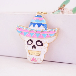 Mexican Sugar Skull Keychain With Sombrero Hat Colorful Rhinestone Enamel Zinc Alloy Key Ring For Halloween Women Bag Pendant
