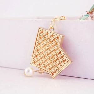 Golden Chinese Fu charm keychain with faux pearl drop for women's handbag accessory