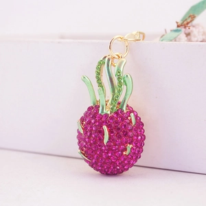 Rhinestone Dragon Fruit Keychain Tropical Fruit Zinc Alloy Enamel Bag Charm For Women Gold Metal Keyring Accessory Gift