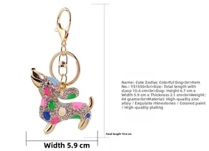 Detailed view of colorful enamel dog keychain with rhinestone pavé and size dimensions