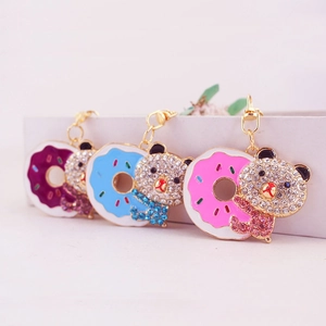 Cute Rhinestone Bear Holding Donut Keychain Zinc Alloy Colorful Enamel Animal Bag Charm Pendant For Women Girls Gift
