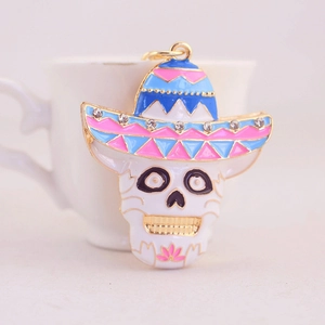 Colorful rhinestone sombrero skull keychain with enamel finish for bags and keys