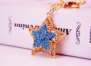 Detail of hollow star keychain with blue rhinestones on a gold alloy base for bags