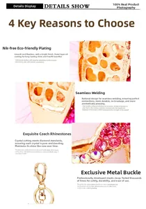 Detail of gold metal keychain with high-gloss plating and pink Czech rhinestones